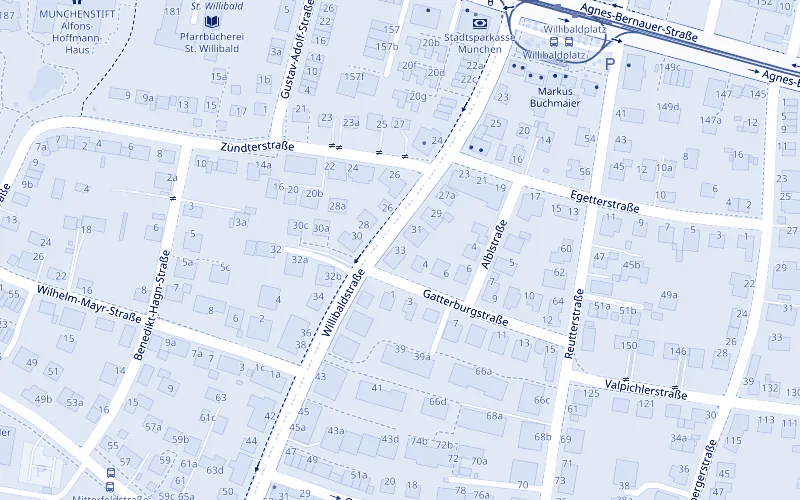 Karte der Umgebung, markiert: Willibaldstraße 33, 80689 München